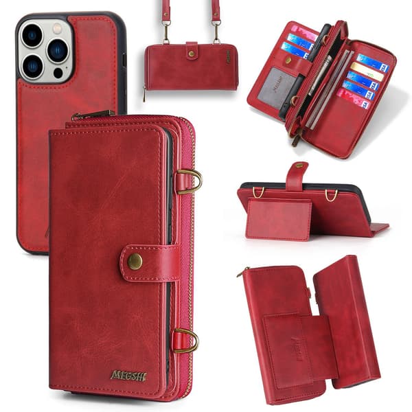 Fodral för iPhone 14plus rött läder crossbody multifunktionell plånbok
