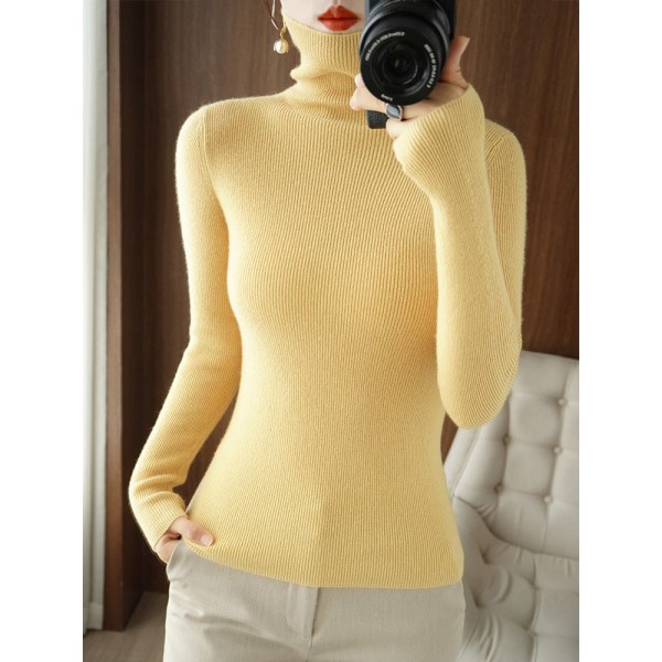 Kvinder Strik Efterår Vinter Sweater Yderbeklædning rullekrave Cashmere Sweater Pile Collar Pullover Yellow 2XL