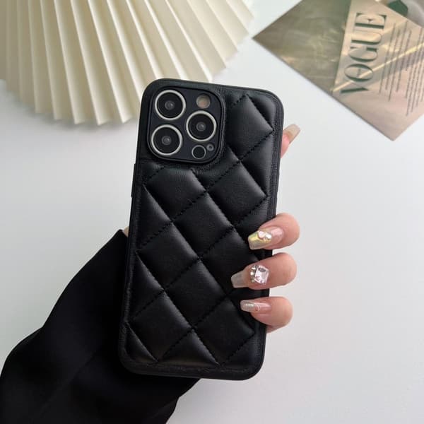 Etui til iPhone 16plus læder diamantmønster sort solid dunjakke ins trend