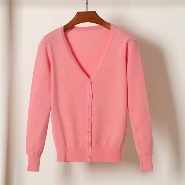 Kvinder Strik Efterår Vinter Sweater Top Ydre Langærmet Cardigan Kort Tynd Frakke Pink L