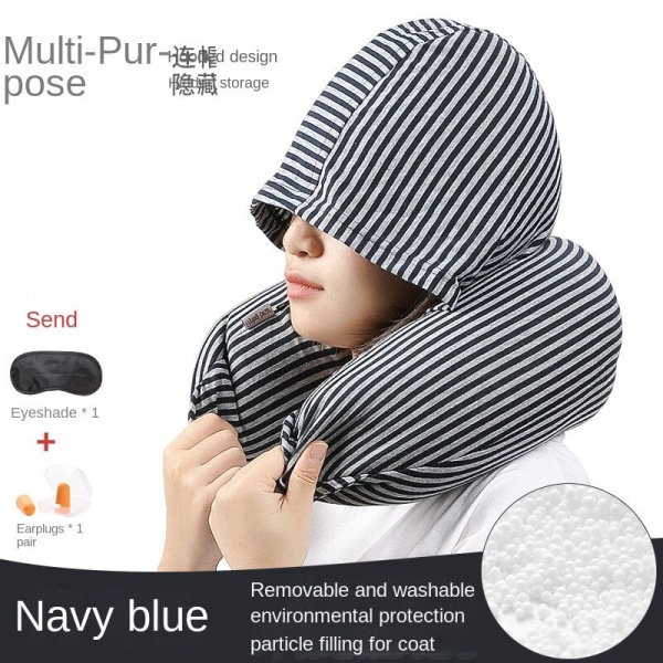 Pehmeä mukava matkatyyny vaahtomuovihiukkaset irrotettava ja pestävä Creative hupullinen U-muotoinen tyyny Navy blue-hooded Average Size