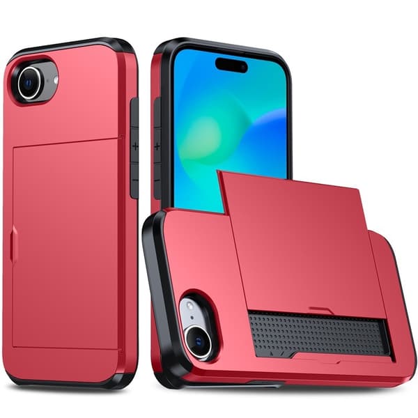 Fodral för iPhone 16e rött skjutbart kortfack anti-fall plånbok