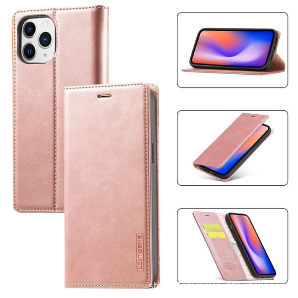 Etui til iPhone 14max rosaguld retro læder kortholder flip wallet