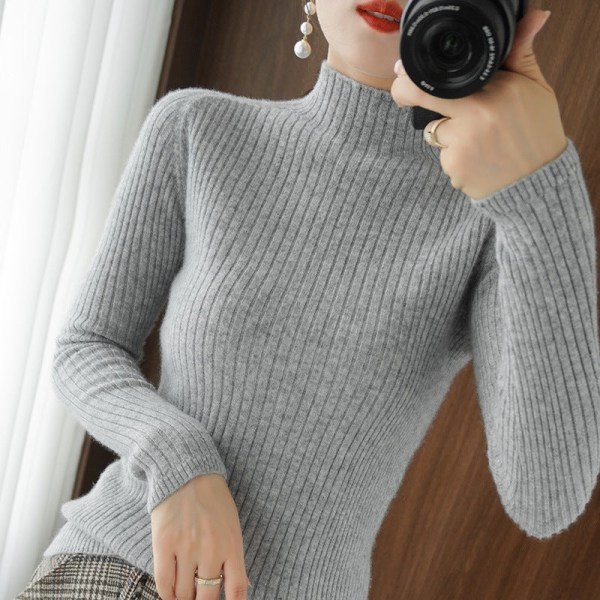 Kvinder Strik Efterår Vinter Sweater Halv rullekrave Cashmere Slim Fit Løst ydre beklædning Gray L