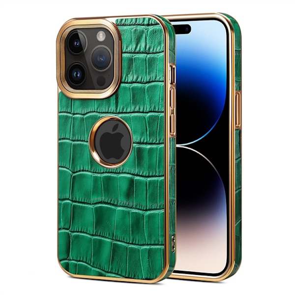 Fodral för iPhone 14 Pro grönt läder krokodilmönster kohud elektroplätering