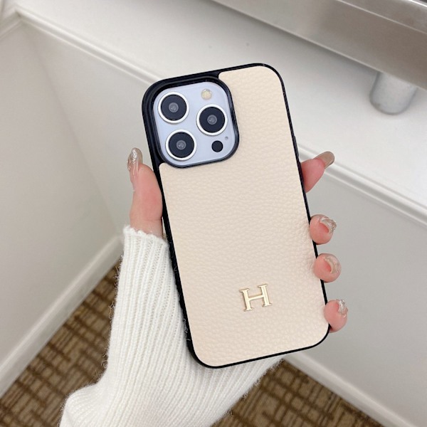 Etui til iPhone 14plus lychee-korn fuld H beige læder trendy mærke