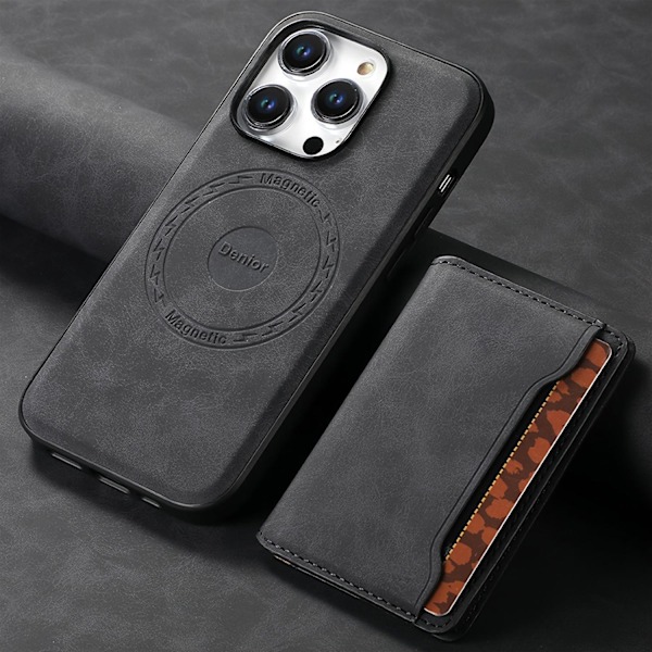 Kotelo iPhone 16 Plus -puhelimelle, musta magneettinen nahkainen korttipaikka, irrotettava