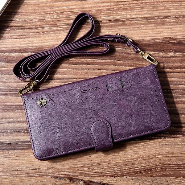 Fodral för iPhone 14 Pro lila [långt snöre] multi-kort läder flip kortplats crossbody pro