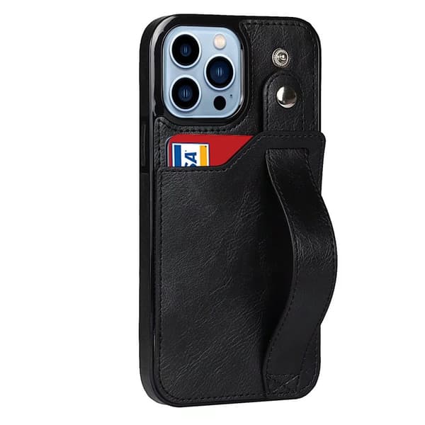 Fodral för iPhone 13 Mini svart handledsrem kort handledsläder stativ plånbok