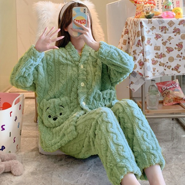 Coral Velvet Pyjamas Plus Velvet Pyöreäpääntie Löysät flanellit kotitalousvaatteet naisille green 2XL