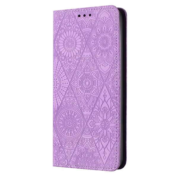 Etui til iPhone 15 Pro Max, lilla etnisk stil, præget, dobbelt sugekop, læder, retro præget dobbelt c