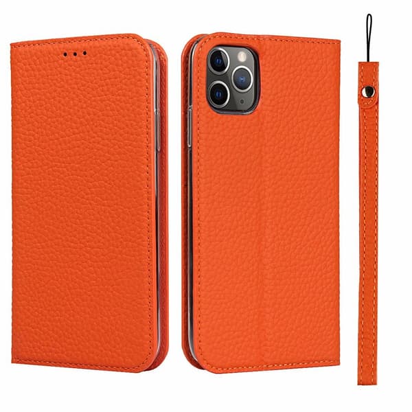 Fodral för iPhone15pro orange litchiläder visitkortsfack flip snap on