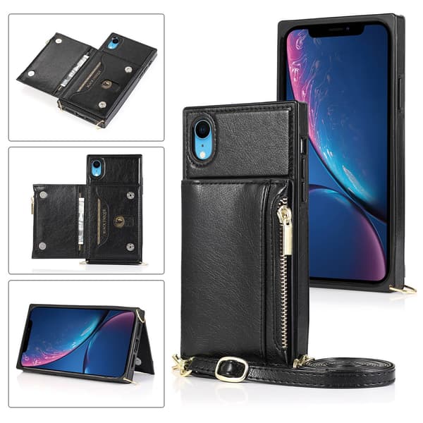 Etui til iPhone 13 Pro sort crossbody læder multifunktionel lynlås pung