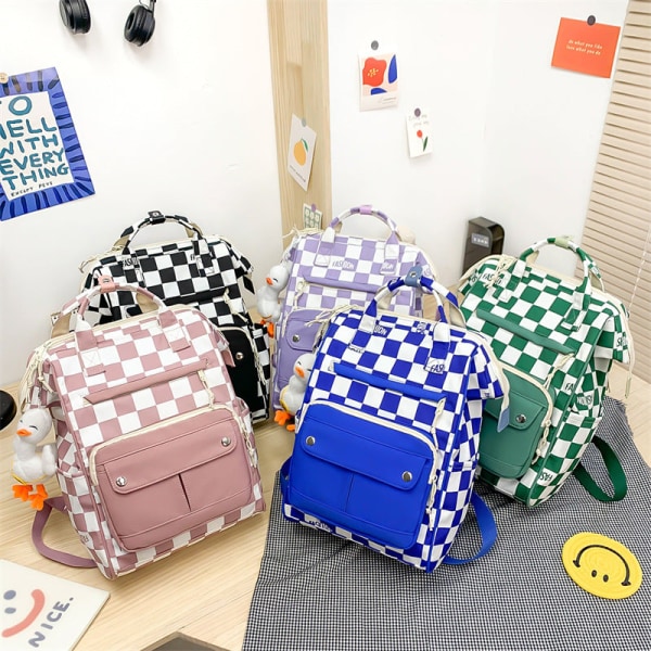 Skoleelev ryggsekk College Bookbag Reiseveske Plaid Søt Stor kapasitet Fresh Campus Purple pendant