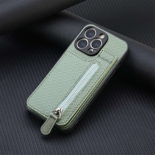 Etui til iPhone 14PLUS grønn karbonfiber kortholder glidelås