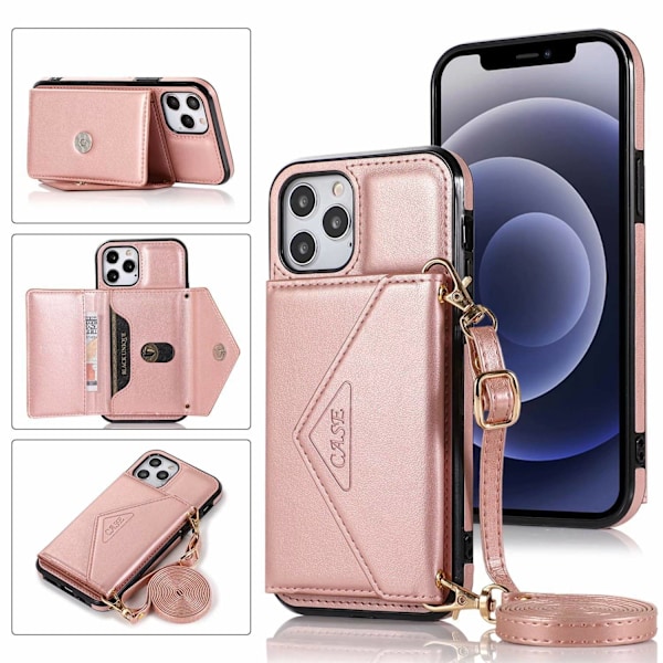 Fodral för iPhone 13 mini roséguld triangel crossbody kortplats snodd kuvert läderplånbok
