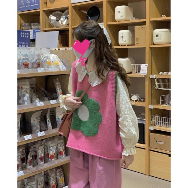 Kvinder Strik Efterår Vinter Sweater Koreansk Stil Blomstervest Slankende Løs rund hals Overtøj Green 60*110cm