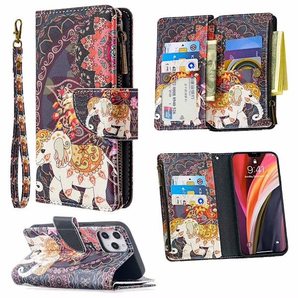 Etui til iPhone 14 Blomst elefant malet lynlås læder multi funktion kort slot pung multi