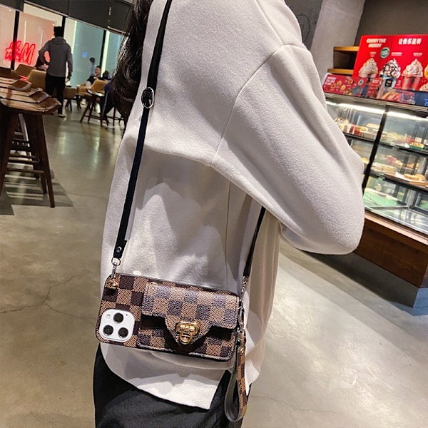 Etui til iPhone 13 Pro brun gitterlås pung sort crossbody reb lås møntpung kæde læder