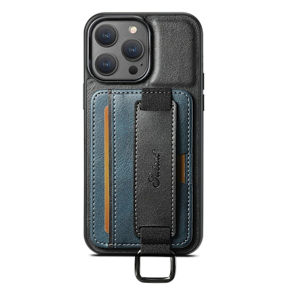 Etui til iPhone 13mini H13 sort blå kortslot håndledsrem læder