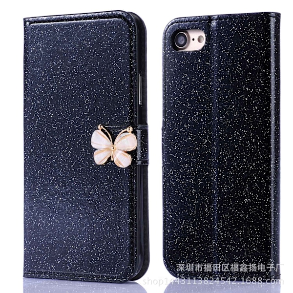 Fodral för iPhone 14 Pro svart rosett glitter diamant läder kortplats flip plånbok
