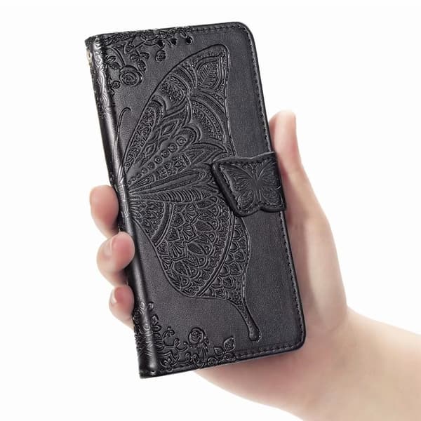 Etui til iPhone 13 sort 3D blomst sommerfugl læder præget