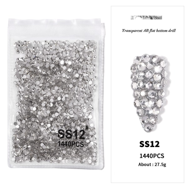 Negledekorationer til Nail Art bundbor gennemsigtig AB Diamant DIY dekorationer Guldbund Sølvbund SS12 White Diamond (3.0)1440