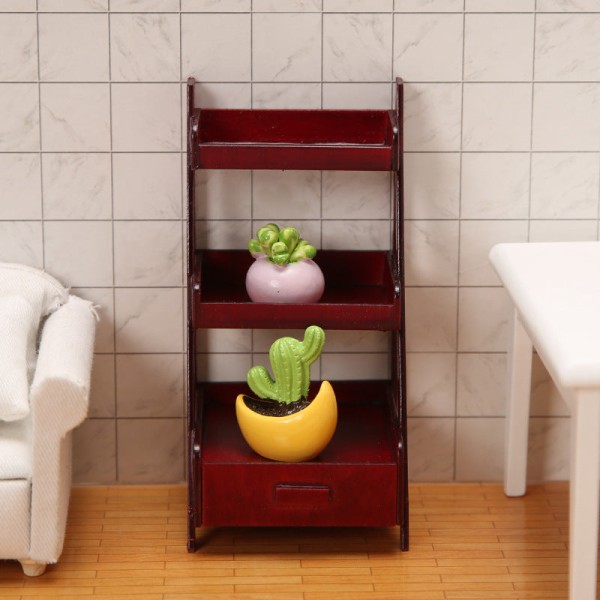 Miniaturemøbler Legetøjsdukkehus gør-det-selv-dekorationstilbehør Mini 1:12 blomsterstativ Tre-lags skuffestativ Red