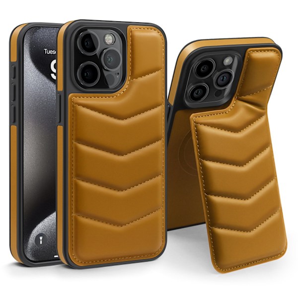 Fodral för iPhone 14 Plus, brunt Lycra, nedfällbart osynligt fäste, magnetisk korthållare