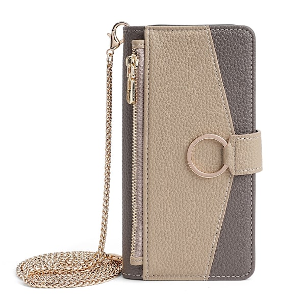 iPhone 14 Pro -kotelo, harmaa, metalliketjulla, peilillä, crossbody-monitoiminahkakotelo