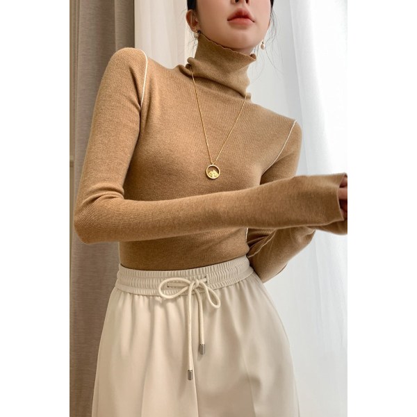 Naisten Neuleet Syksy Talvi Neule Naaras kaulus Jäljitelmä Villainen villapaita Turtleneck Slim Fit Inner Camel M