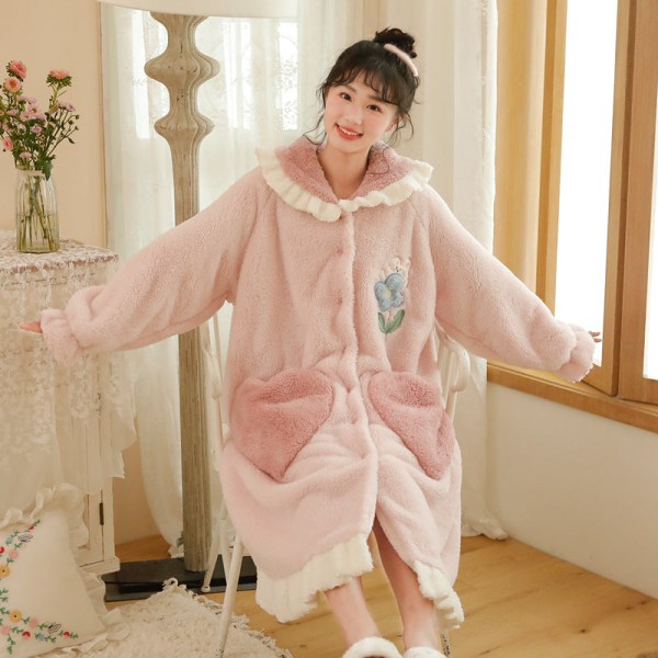 Coral fleece morgenkåpe fortykket dame pyjamas søt varm lang coral fleece loungewear pink M