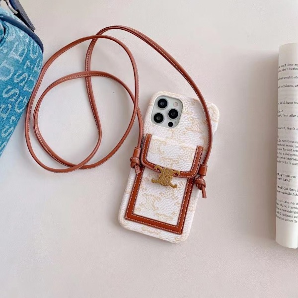 Fodral för iPhone15plus läder vit blomma korthållare crossbody gammal axelrem snodd
