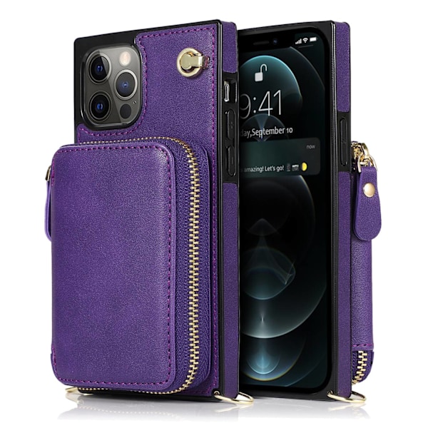 Etui til iPhone 13 6.1 lilla lynlås læder multifunktionel pung crossbody