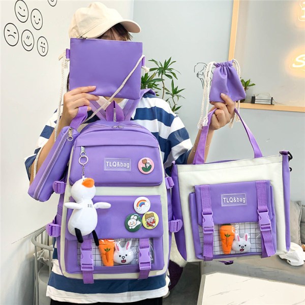 Kouluopiskelijareppu College Bookbag Matkalaukku Harajuku Style Suuri tilavuus Viisiosainen casual Purple