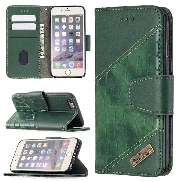Fodral för iPhone 13 mini grön söm krokodilmönster flip läder kortplats