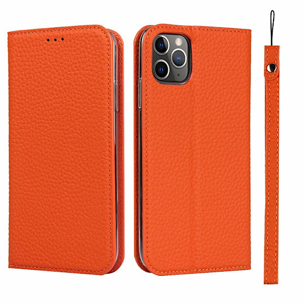 Fodral för iPhone 14 orange lychee läder visitkortsfack flip sugpropp
