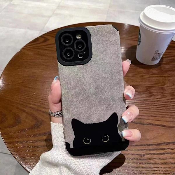 Fodral för iPhone 13promax/6.7 mocka svart katt fårskinnsmönster mjuk smutsresistent och falltålig