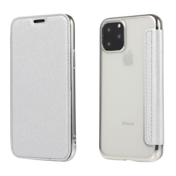 Fodral för iPhone 14PRO MAX silver flip läder elektropläterad PU ring transparent kortplats