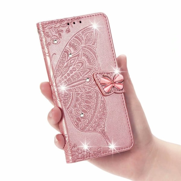 Etui til iPhone 13 Pro Rosaguld Diamant 3D Blomst Sommerfugl Læder Etui Præget Disk