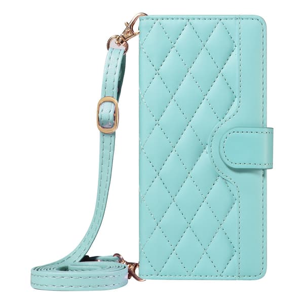 Etui til iPhone 14 Pro Max, lysegrøn lang snor, ins crossbody kortholder, solid diamo