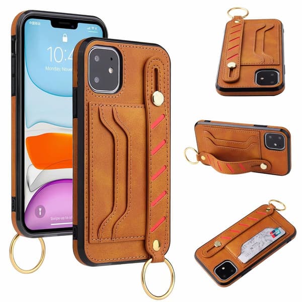 Fodral för iPhone 13 Pro Max Khaki handledsrem multifunktionellt kortfack läder