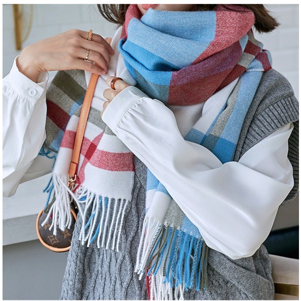 Imitation Cashmere Dam höst Vinter Scarf Filt Wrap Sjal Stole Warm Soft Print Tofsar Foundation make-up Blue Stripe 190*70(CM)