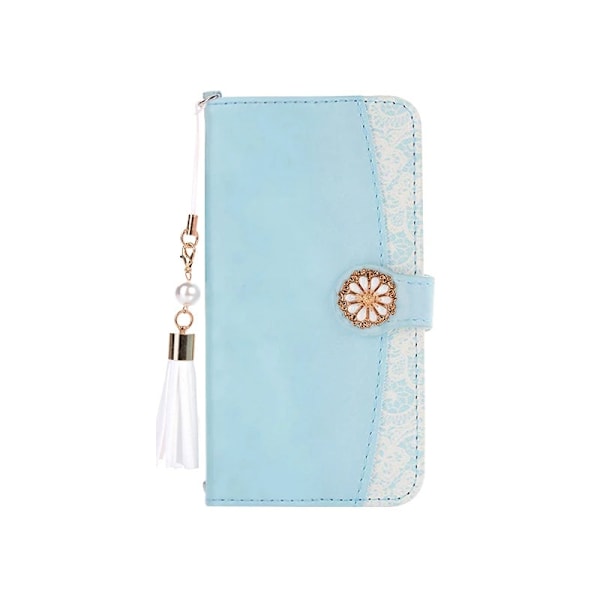Etui til iPhone 14 blå blomstret kort lanyard læder flip