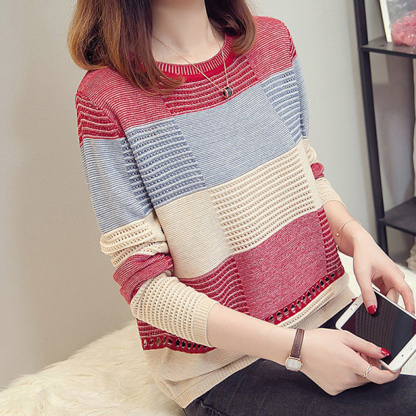 Kvinder Strik Efterår Vinter Sweater Pullover Farve Matchende Løstsiddende stribede lange ærmer Red Average size