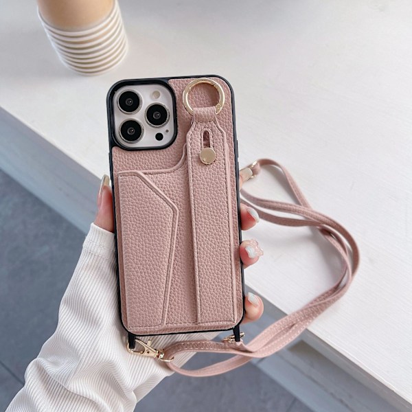 Kotelo iPhone 15 Pro:lle 425, lihanpunainen nahkahihna, ranne-, crossbody- ja olkalaukku, korttipaikka ve