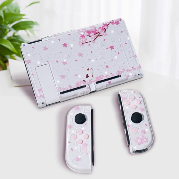 För Nintendo Switch Skyddsskal TPU Soft Cover Glitter NS Pink Girl Cherry Blossom Theme Cherry blossom joystick cap