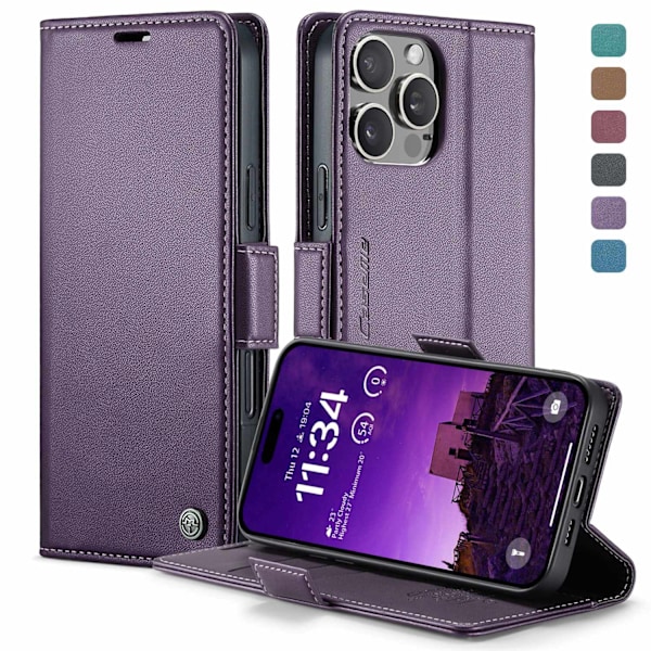 Fodral för iPhone16pro lila stöldskydd läder kortplats