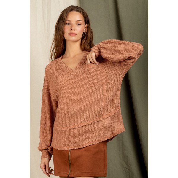 Kvinder strik efterår vinter sweater top v-hals langærmet vaffel strikket bundskjorte Light Orange M