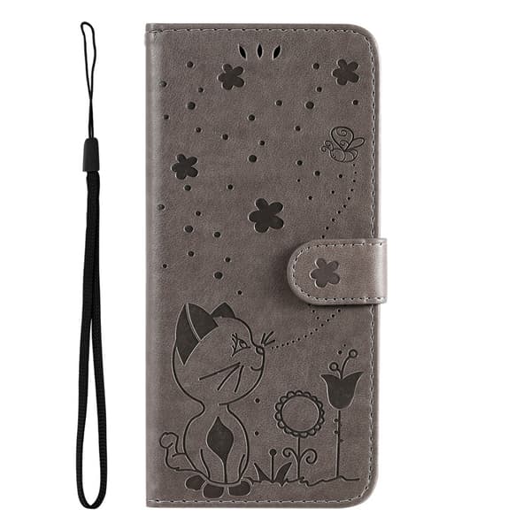 Fodral för iPhone 13 Mini grått präglat katt- och bi-läder